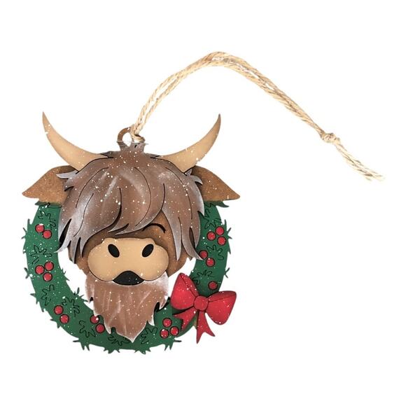 Handmade Whimsical Highlander Cow Wreath Santa Hat Hand Painted Wood Ornament - Picture 2 of 9